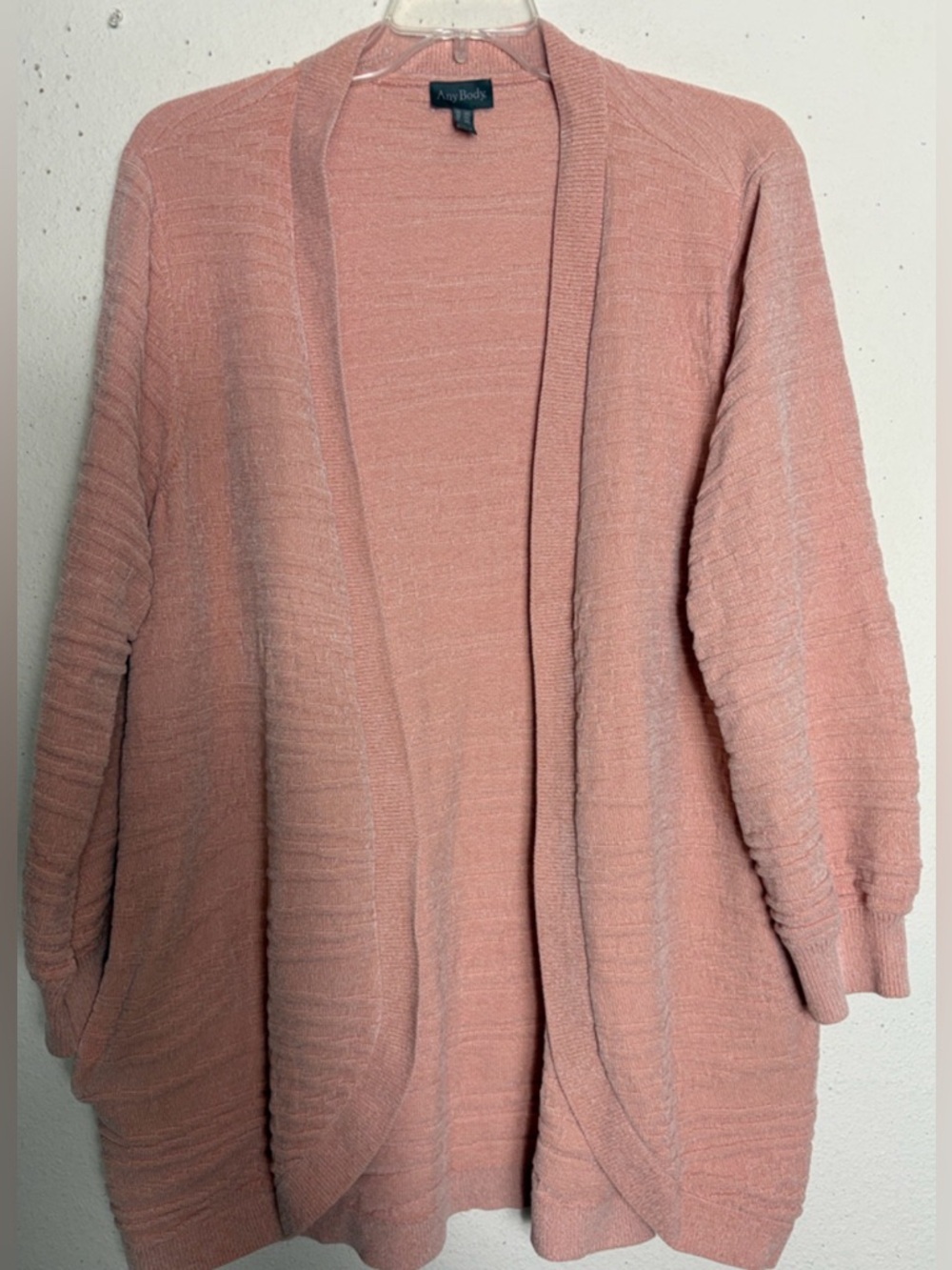 AnyBody Blush Pink Open-Front textured chenille knit cardigan with pockets 2X